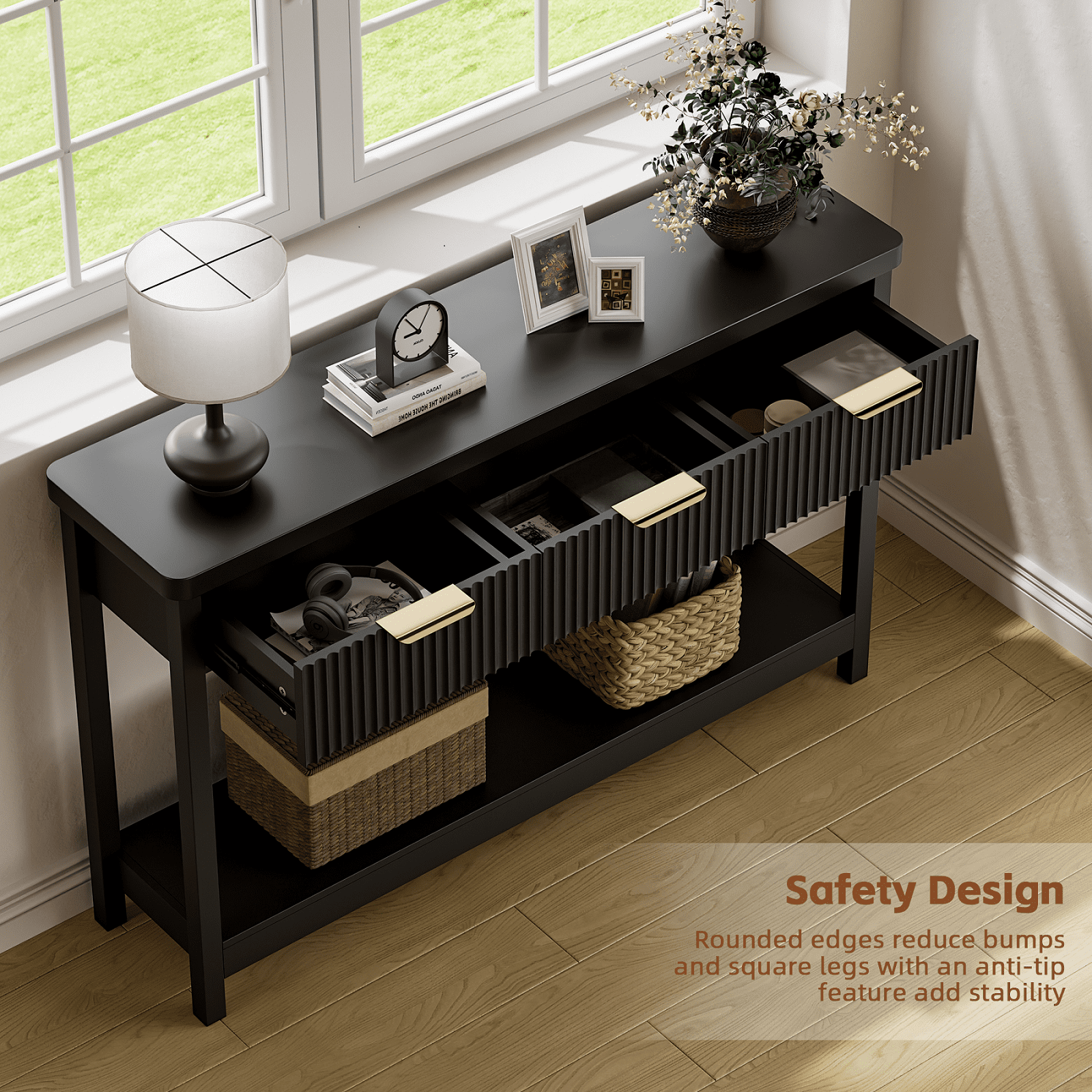 Aufeile 51" Console Table, Fluted Entryway Table with 3 Storage Drawers and Open Shelf, Narrow Sofa Table for Living Room, Hallway, Behind Couch, Black