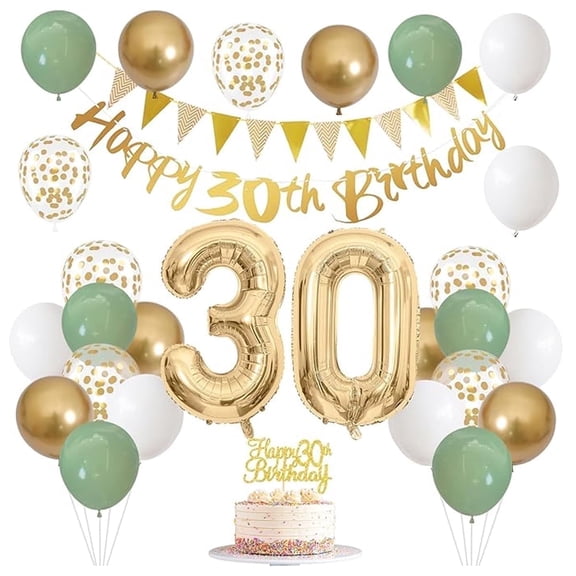 30th Birthday Party Decorations for Women, Men, Happy Banner with Cake Topper Number 30 Foil Balloon, Sage Green White Gold Balloons
