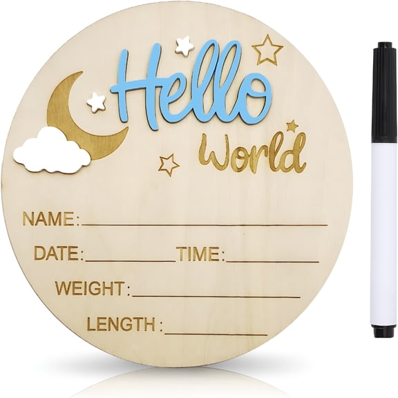XIBUFE Baby Announcement Sign,5.9In Wooden Hello World Newborn Signs,Birth Announcement Sign And Pen,Moon And White Cloud Decoration,Welcome Newborn Arrival to World,Hospital Nursery for Baby(Blue)