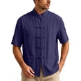 thumbnail image 3 of UVEASISHA Cotton Linen Button Down Shirts for Men Traditional Kung Fu Uniform Short Sleeve Shirt Stand Collar Casual Chinese Frog Buttons Shirts Navy 4XL, 3 of 10