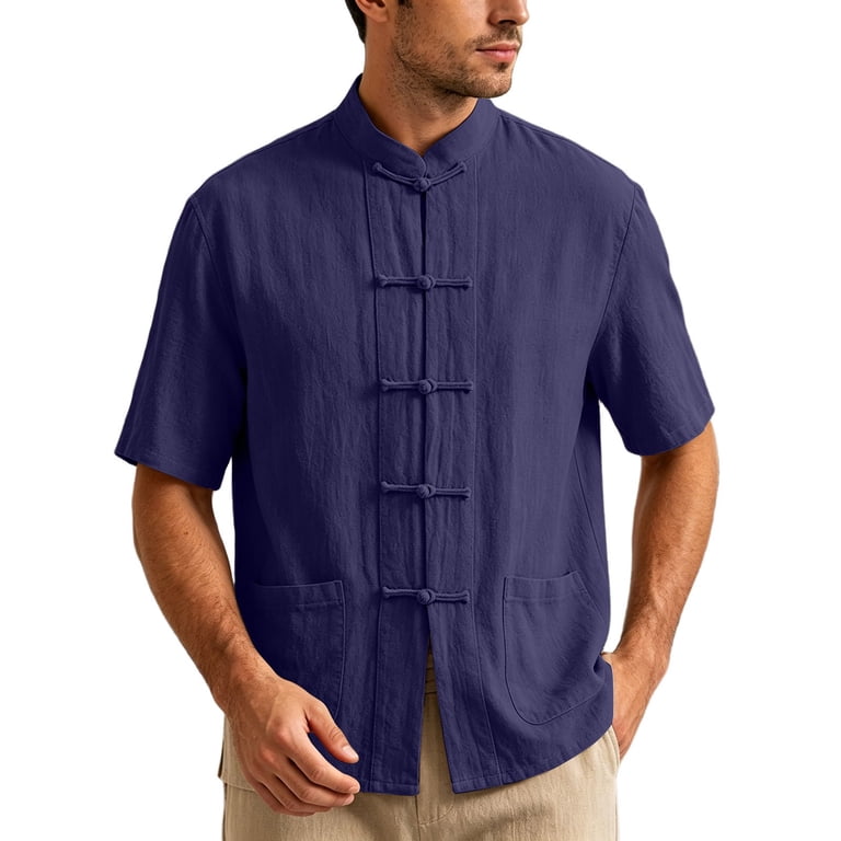 Men Chinese Tang Frog Button Linen Blend Button Up Shirt, Short
