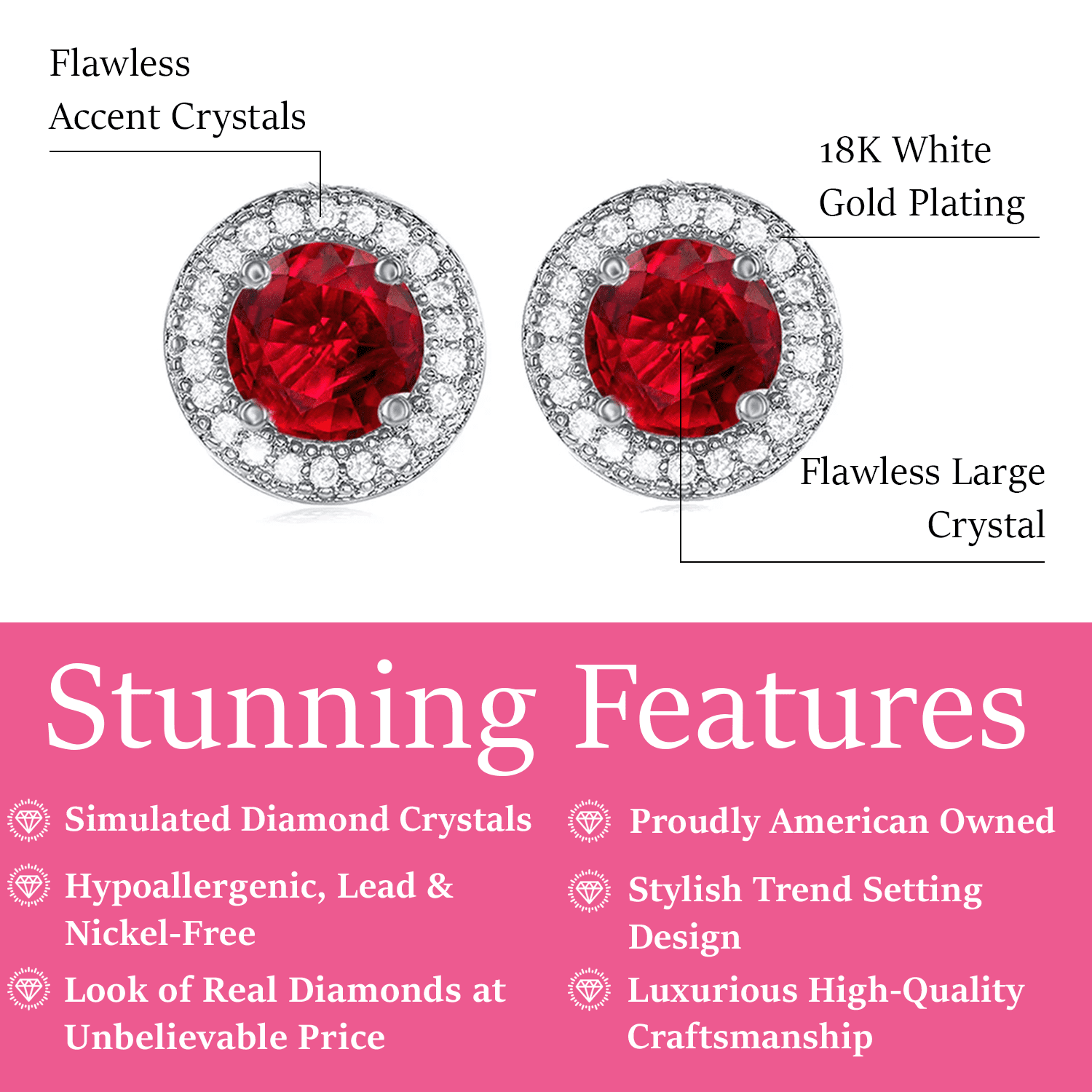 Cate & Chloe Gwendolyn 18k White Gold Plated Stud Earrings with Ruby Simulated Diamond Crystals for Women