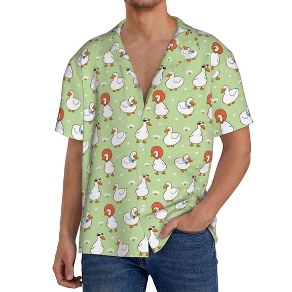 Xecao Cartoon Duck Men's Casual Short-sleeved Shirt, a button-up collared shirt with a pocket-Small