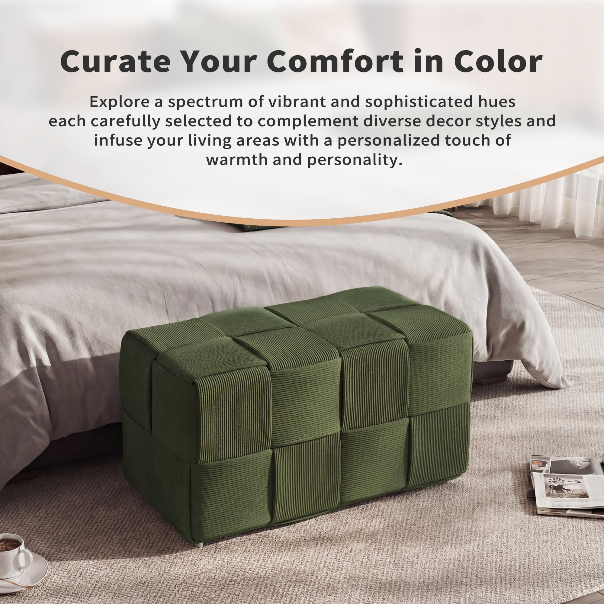 Corduroy Ottoman Foot Rest, Square Upholstered Stool with High-Density Foam and Wood Frame, 300 Lbs Capacity, Multi-Purpose Footstool for Living Room Bedroom Nursery, Green