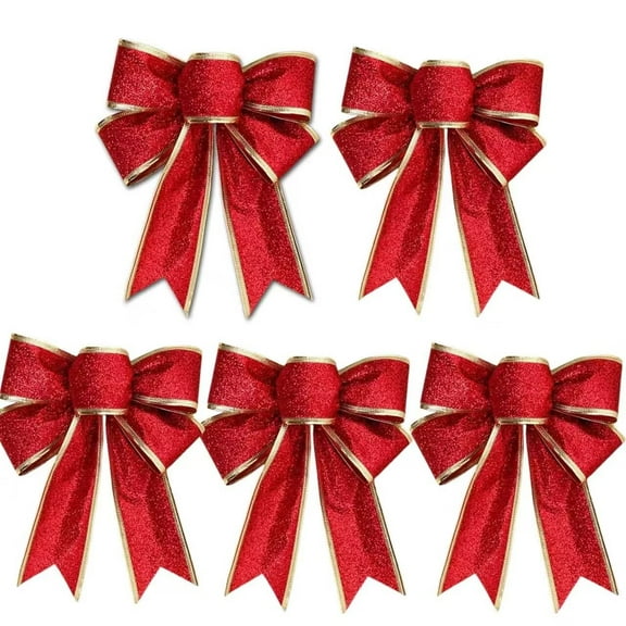 Pakyozj 5pcs Christmas Bows Outdoor Decorations Large Glitter Christmas Tree Topper Bow with Glitter Gold Edge for Xmas Home Front Door Decor Indoor Outdoor Decoration Supplies 7.09”x9.06”
