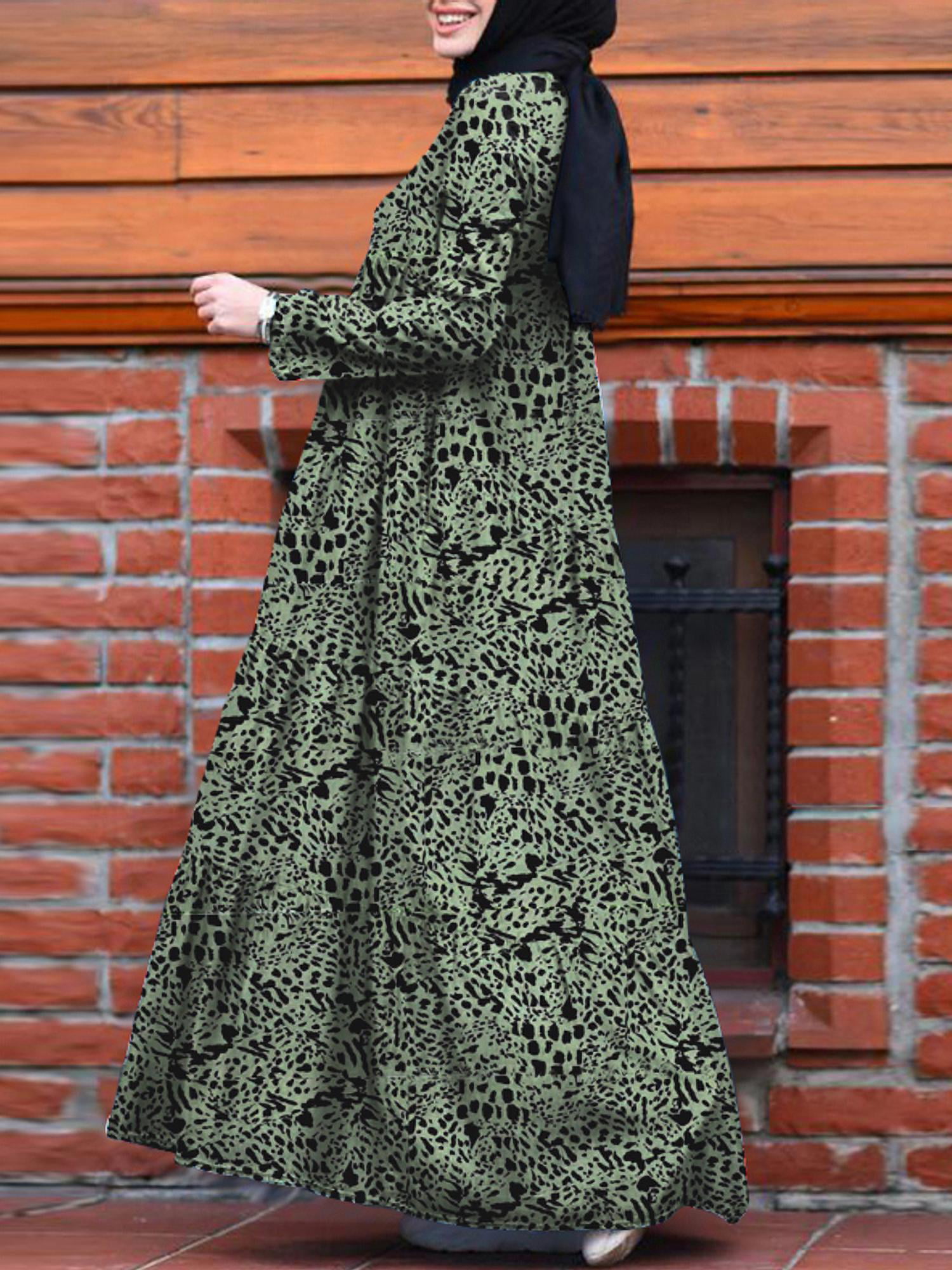 ZANZEA Womens Dresses Sleeve Muslim Dubai Long Abaya Printed Vintage Maxi Dress