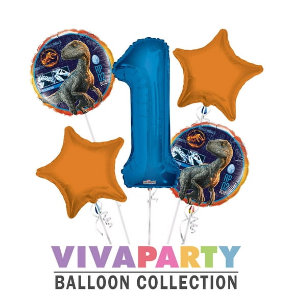 Jurassic World Velociraptor RP 02 Blue Round Balloon Bouquet 5 pc, 1st Birthday, Blue Number 1 Jumbo Balloon | Viva Party Balloon Collection