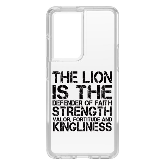 DistinctInk Clear Shockproof Hybrid Case for Galaxy S21 ULTRA 5G (6.8" Screen) - TPU Bumper Acrylic Back Tempered Glass Screen Protector - Lion - Strength Valor Fortitude Kingliness