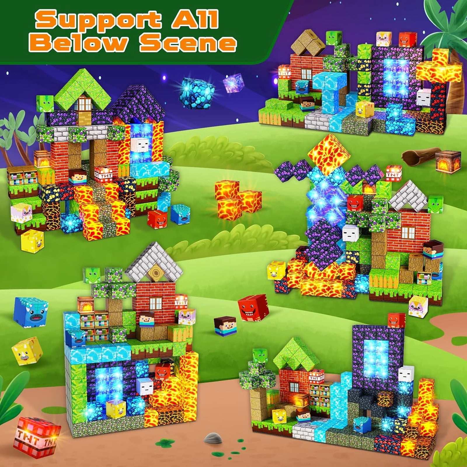 Annexfun 150 Pcs Magnetic Blocks with Light Blocks - Magnetic Building Blocks Cubes, Magnet Tiles Toys for Kids, Birthday Gifts for Boys and Girls Age 3+ Years Old