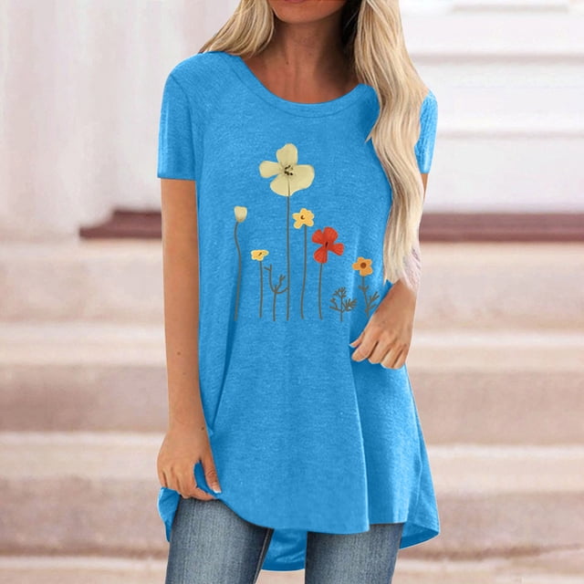 EGNMCR T-Shirts pour Femmes Femmes Mode Décontractée Imprimé Manches Courtes T-Shirt Ample Hauts Tunique Blouse