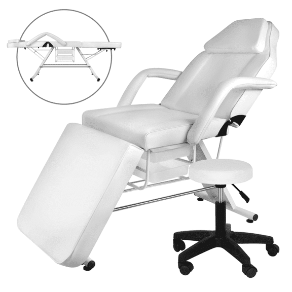 Adjustable 3 Fold Massage Table, 71in Massage Bed w/Hydraulic Stool, White