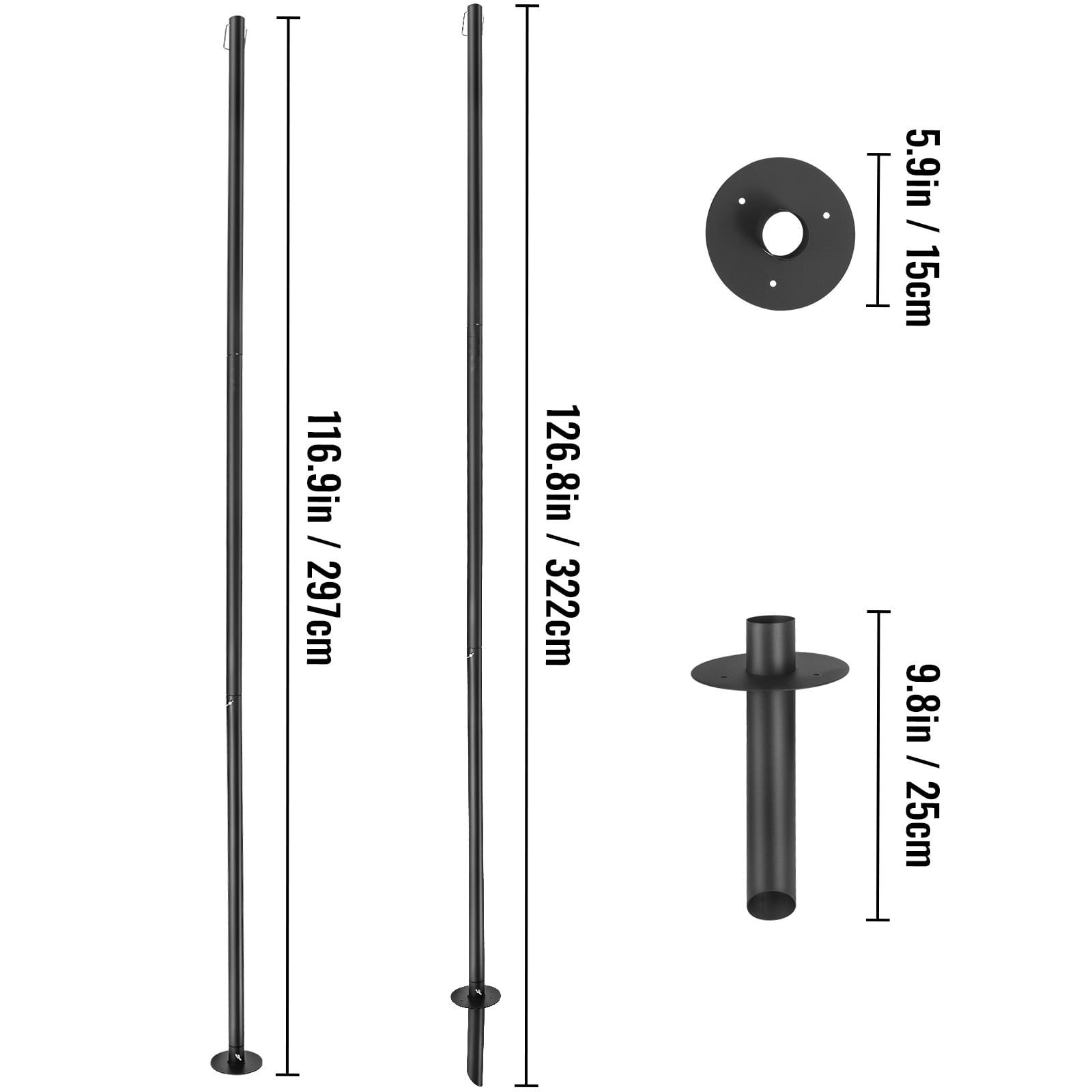 BENTISM String Light Poles, 2 Pack 10.6 ft, Outdoor Powder Coated Steel Lamp Post with Hooks to Hang Lantern and Flags, Decorate Garden, Backyard, Patio, Deck, for Party and Wedding, Black