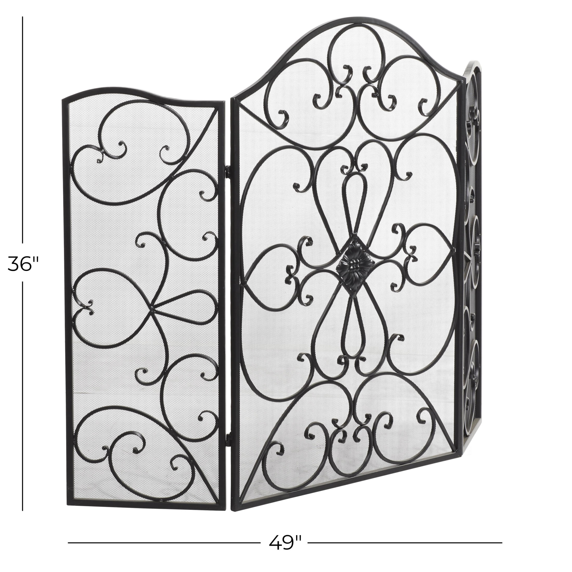 DecMode 49" x 36" Black Metal Foldable 3 Panel Scroll Fireplace Screen with Mesh Netting, 1-Piece
