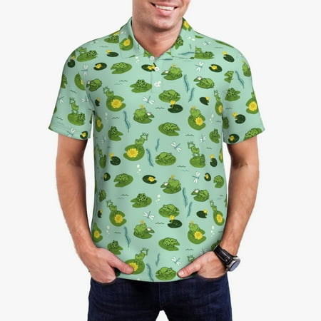 Picia Froggs In The Lake Print Men s Polo Shirt Two-Button Closure Pique Polo Shirt Summer Fashion Golf Shirt-XX-Large