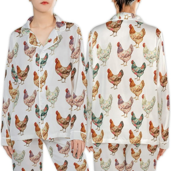 Lotusprinthandmade Colorful Chickens All-over Print Satin Pajamas Set (S) – Chicken Lovers Sleepwear Set