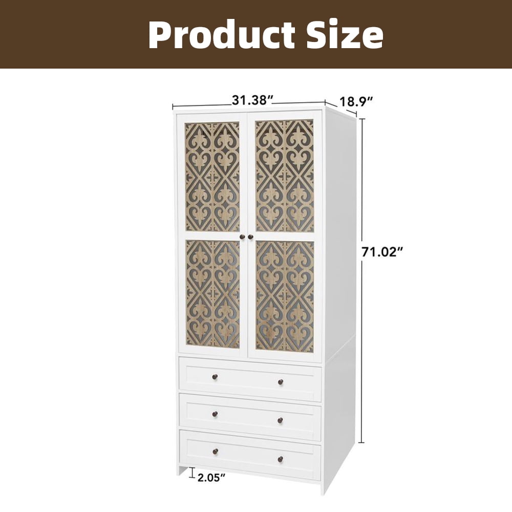 WARMMUSE Wardrobe Closet, Modern Wood  2-Door 3-Drawer Armoires and Wardrobes w/ Hollow Pattern,  Clothes Hanging Rod,  31.4" W x 18.9" D x 71.0" H, White