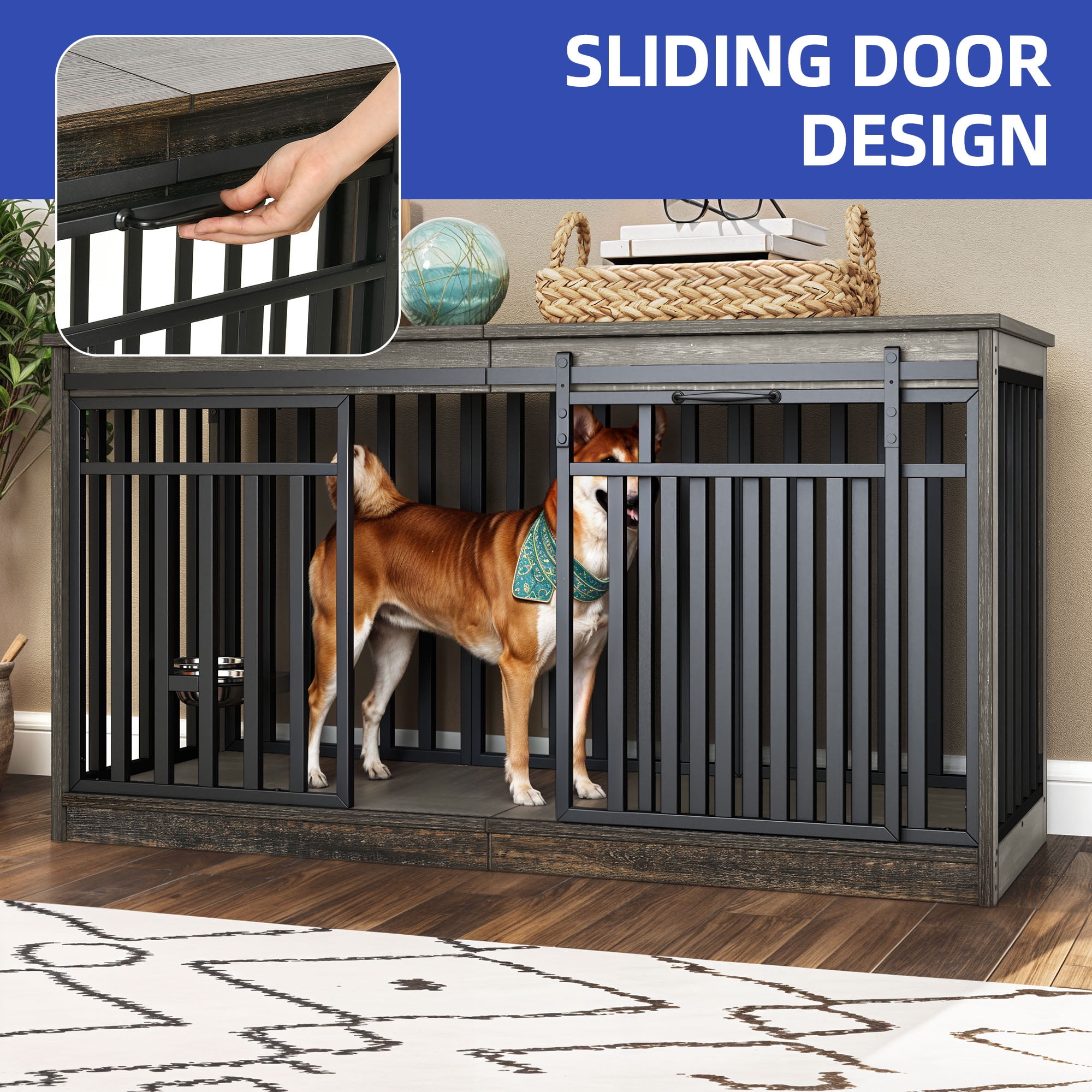 ModFusion 55" Extra-Large Pet Crate with Sliding Doors, Retro Wood & Iron Frame, Anti-Tip Design – Stylish Dog Cage for Living Room & Bedroom Use