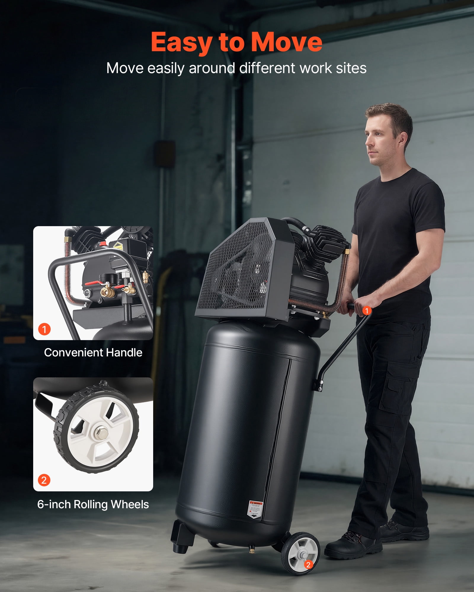 VEVOR 25-Gallon Air Compressor, 2HP 5.5 SCFM at 90PSI, Max 200PSI Pressure Oil-Lubricated Air Compressor Tank, Portable on Wheels for Auto Repair, Tire Inflation, Spray Painting,Woodwork Nailing,120V