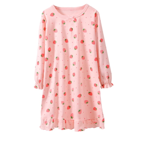 WIBACKER Cotton Nightgowns for Girls Long Sleeve Pajamas Dresses Sleepwear Princess Dress Strawberry Night Dress for Kids 4-16Y