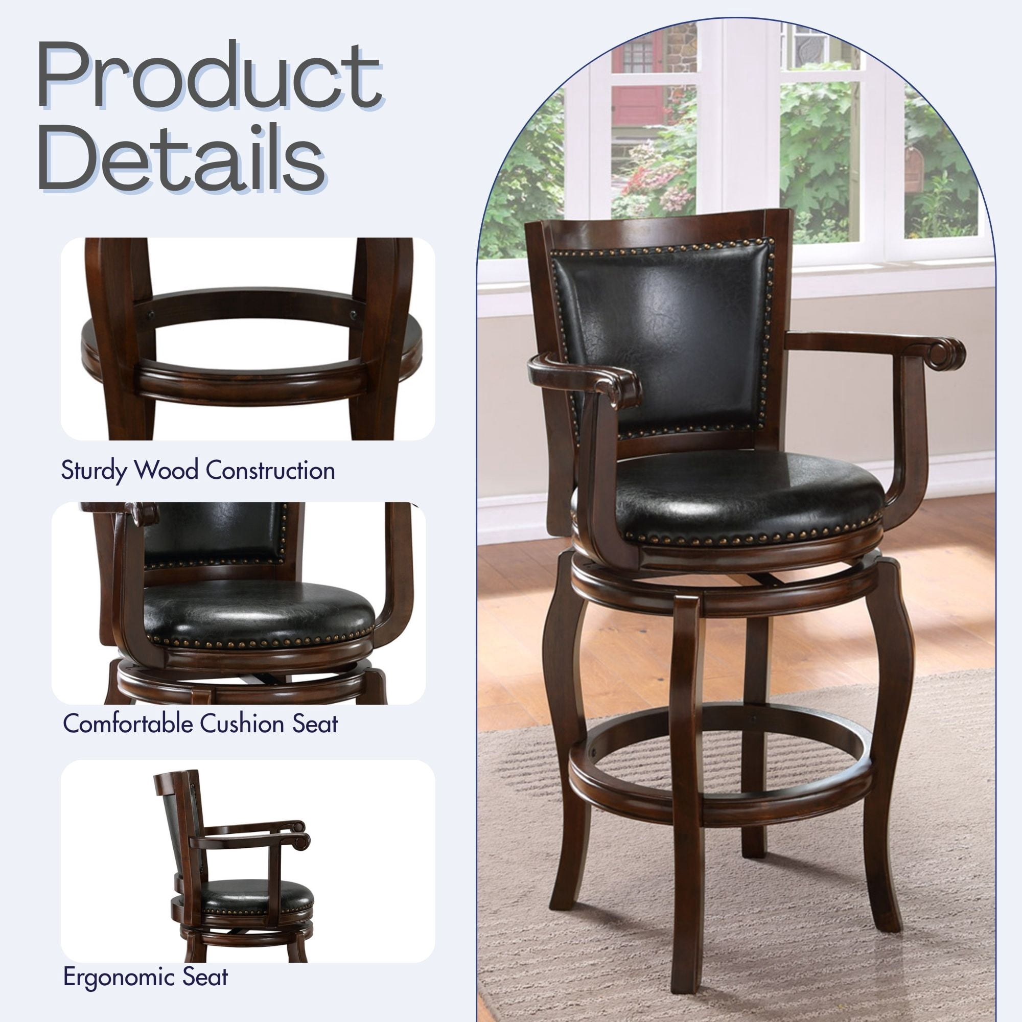 Boraam Jones Bar Height High Back Swivel Wood Kitchen Bar Stool with Arms - Cappuccino Finish