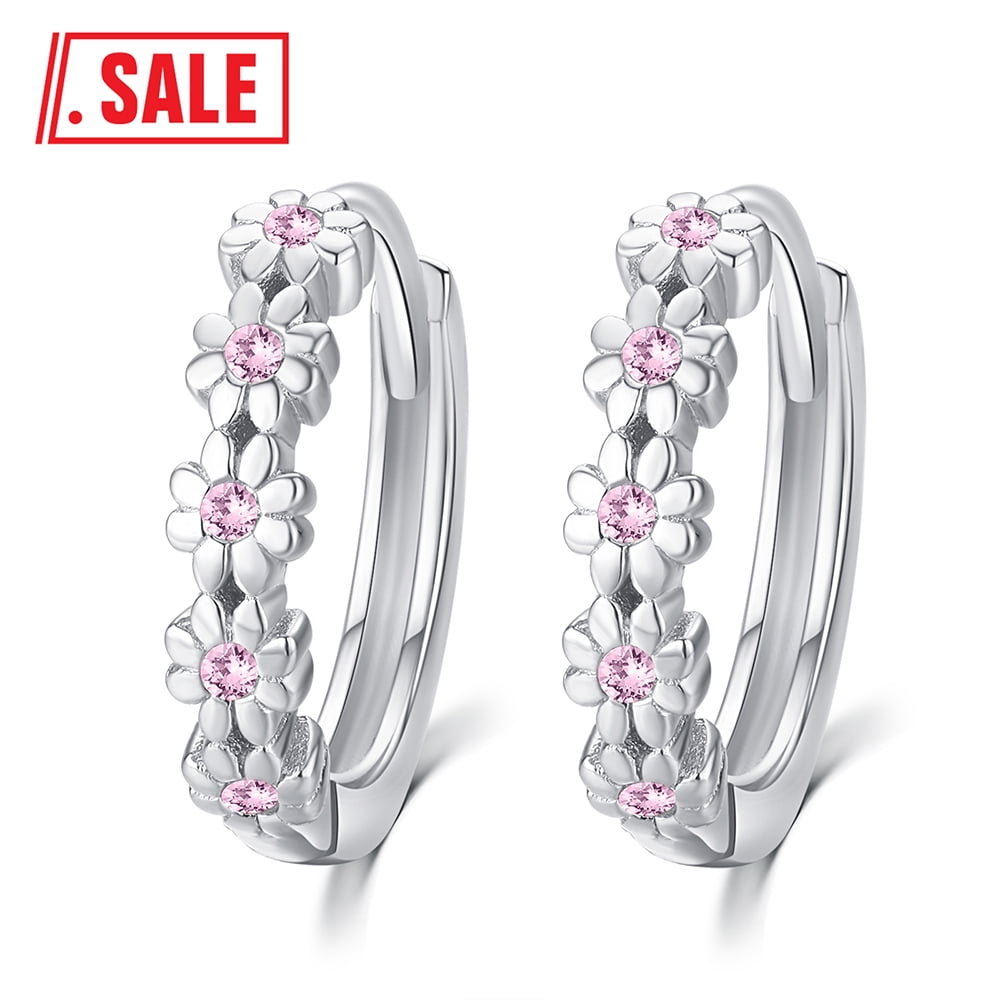 TANGPOET Daisy Earring Sterling Silver Hoop Earrings for Girls, 18K White Gold  With 925 Sterling Silver Jewelry Gifts for Kids