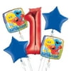 Party City Sesame Street 1st Birthday Balloon Bouquet, 5 Pieces, Party Supplies
