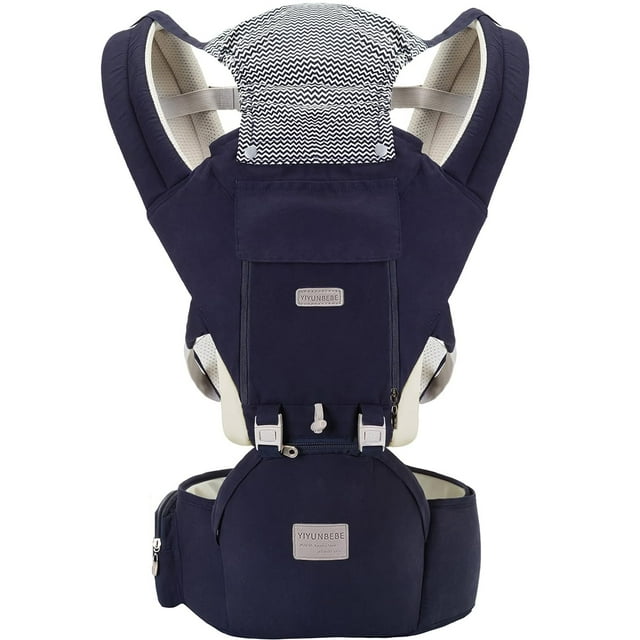 Portabebés con asiento de cadera, YIYUNBEBE 6 en 1, portabebés para recién nacidos y niños pequeños, portabebés ajustable desmontable para bebés de 7 a 44 libras, todas las estaciones, color azul oscu