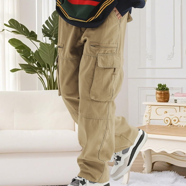 Pantalones largos para hombre, moda informal, cómodos, sólidos, con bolsillos, con cordón ajustable, pantalones regulares de poliéster para hombre.