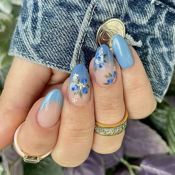 24Pcs Blue Flower Press On Nails Almond Short False Nails French Tip On Nails Manicure Nails Decors For Women