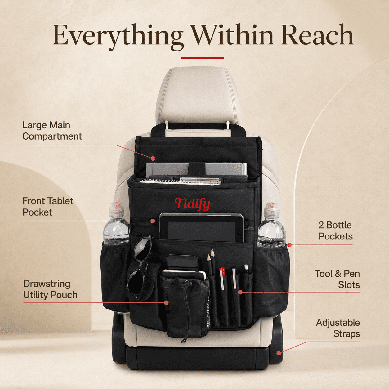 Tidify Car Seat Back Organizer with Adjustable Straps, Compartments, and Pockets for Laptop and Tablet, 1 Pack