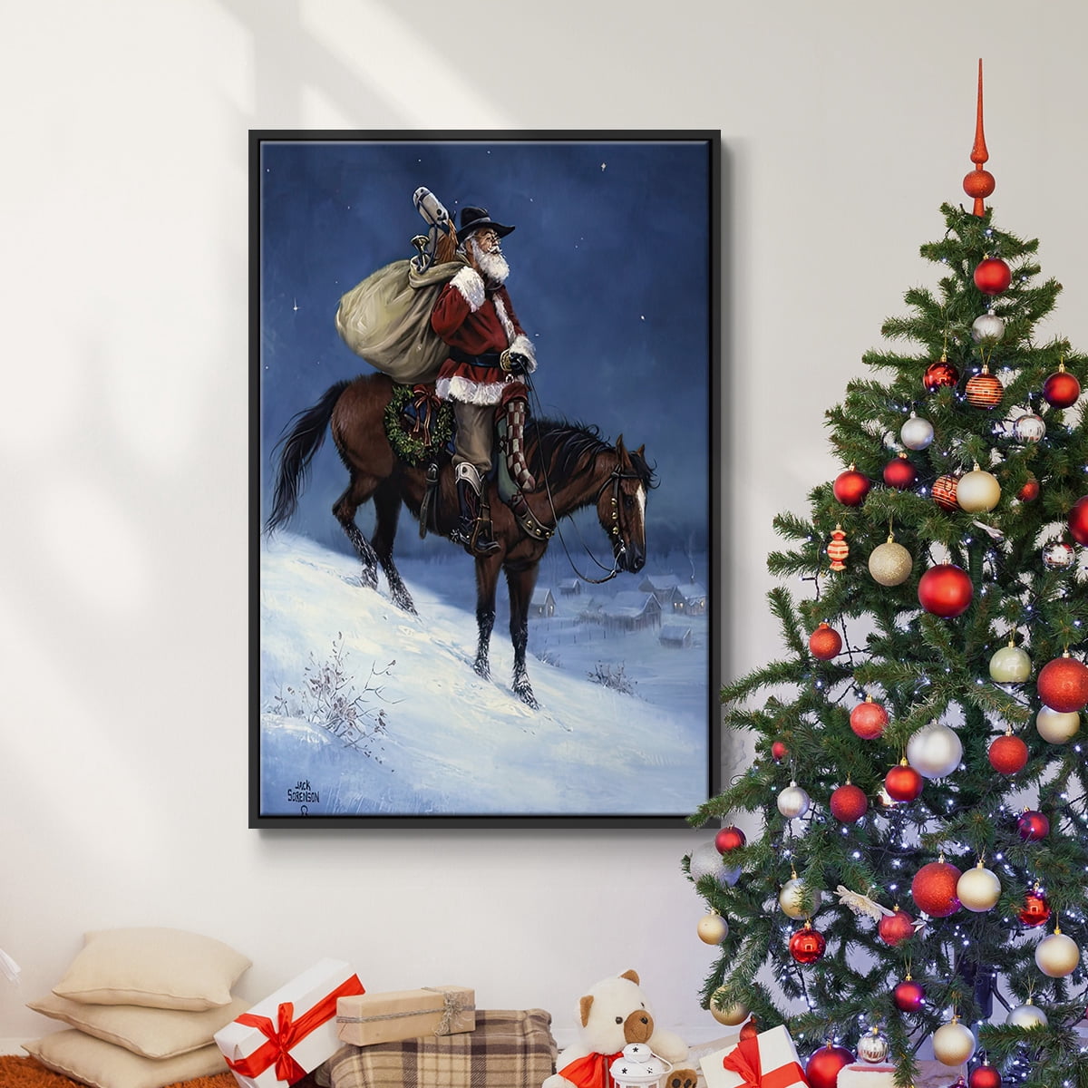 A Cowboy Christmas - Framed Gallery Wrapped Holiday Canvas - 25 x 17 - Black Frame