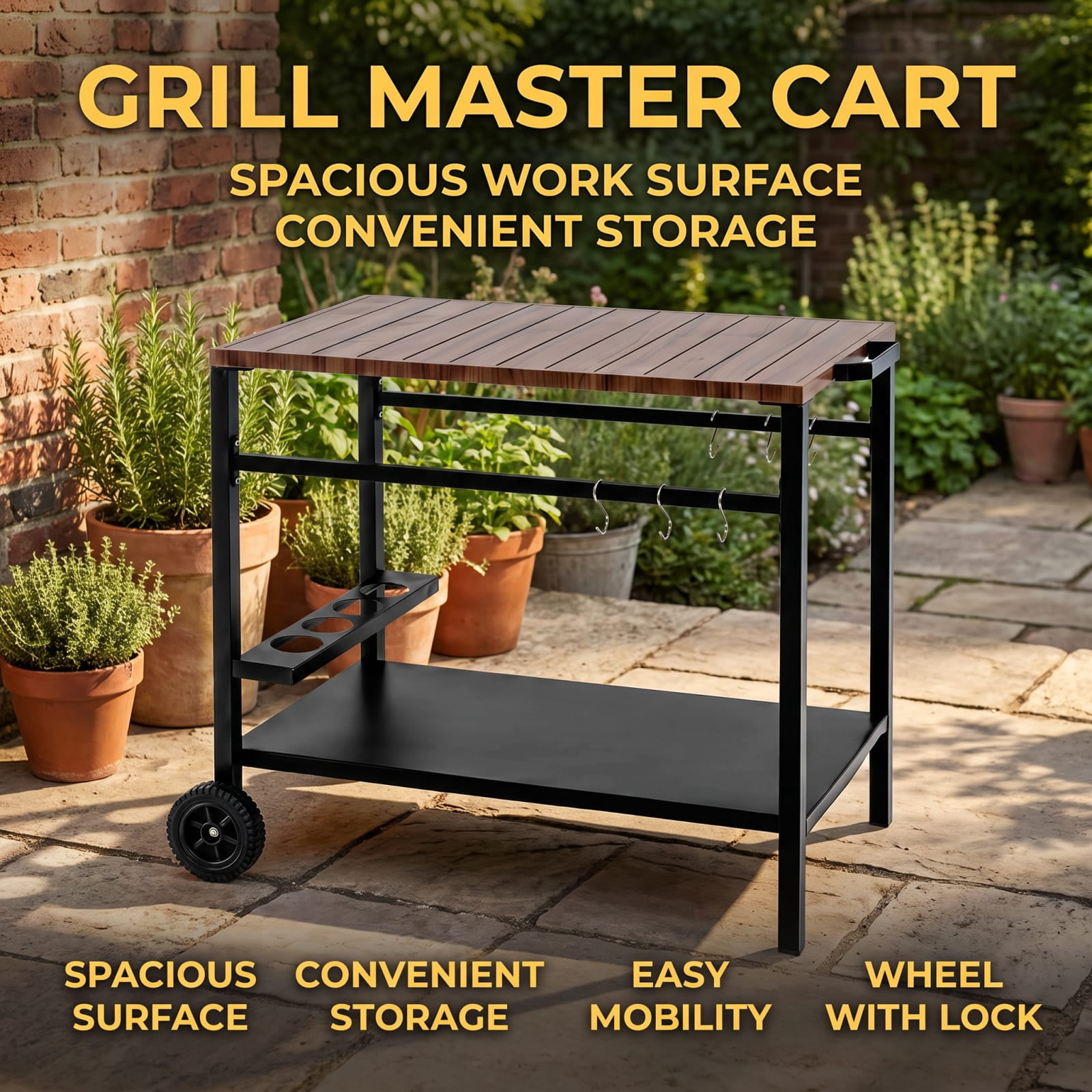 Furnibear Outdoor Grill Cart with Spice Rack and Hooks for Patio and Garden for Kitchen Dining Home Rolling Utility Serving, Brown