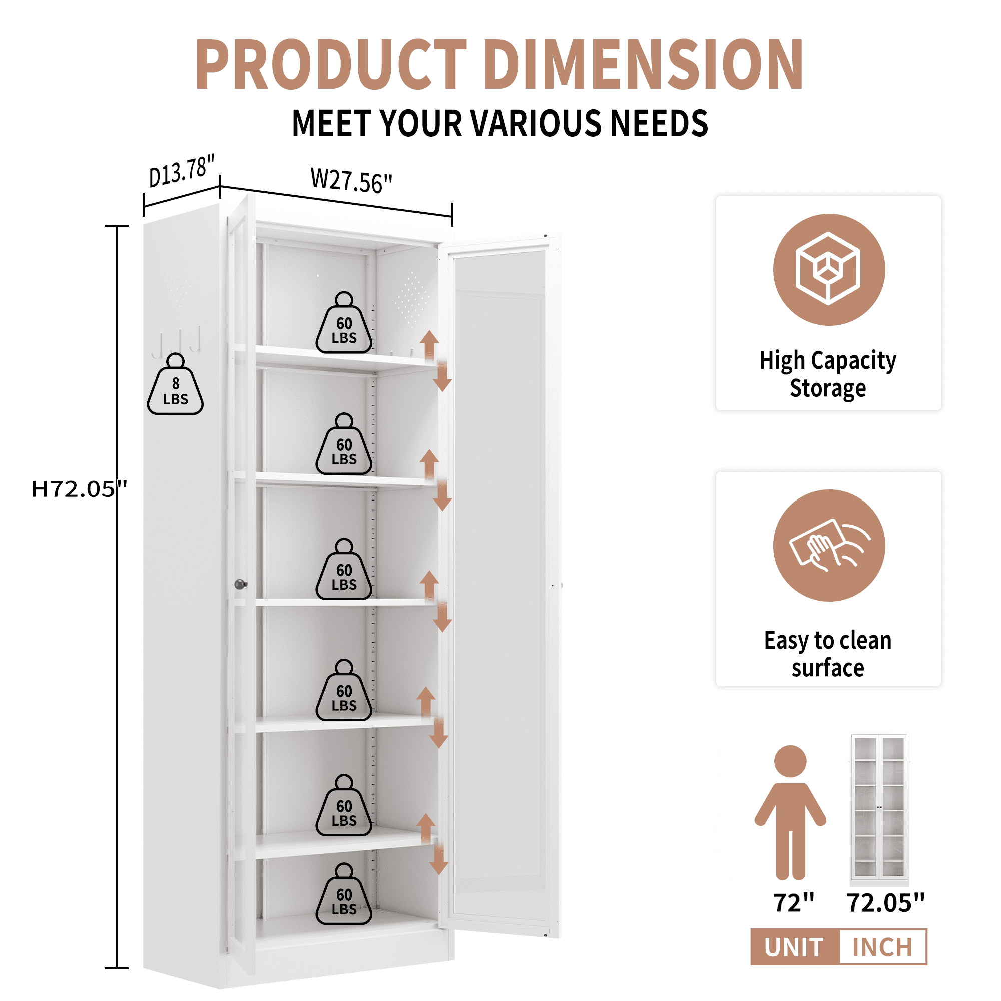 Jopath Metal Kitchen Pantry Cabinet,72" Tall Freestanding Storage Cabinet with 5 Adjustable Shelves & Glass Doors for Kitchen,Pantry,Bathroom,White