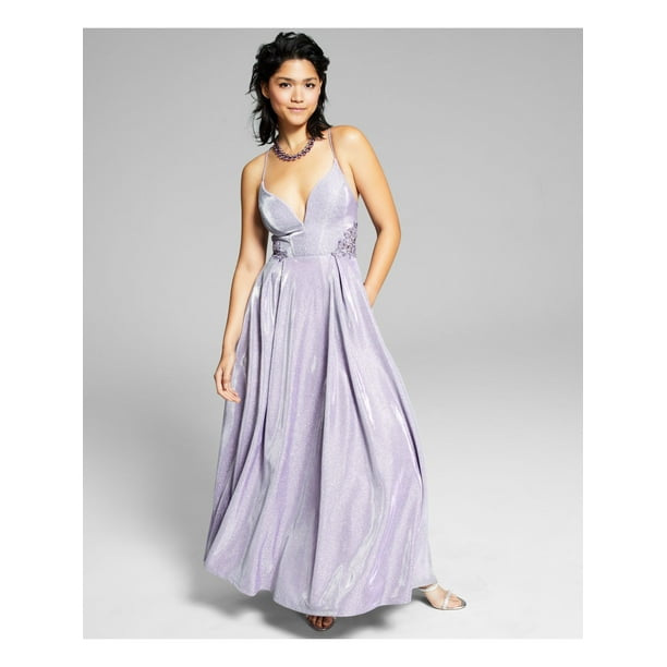 CITY STUDIO Womens Purple Pleated Zippered Plunging V neck Lace up Back Sleeveless Full Length Gown Prom Dress 3