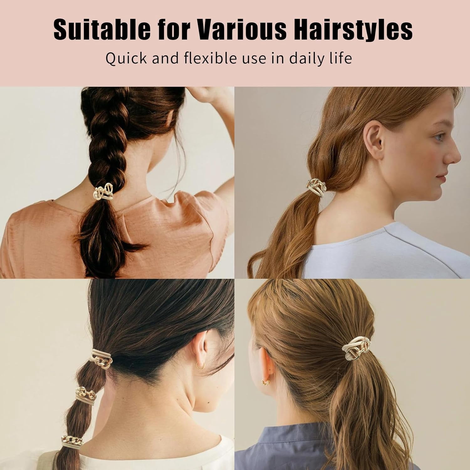 Hair Ties No Damage Gold Bracelet Hair Accessories, 8Pcs Practical Elastic Cute Hair Bands, Fashion Jewelry Ponytail Holders for Women, Thin or Thick Hair (8 Pack-Gold)