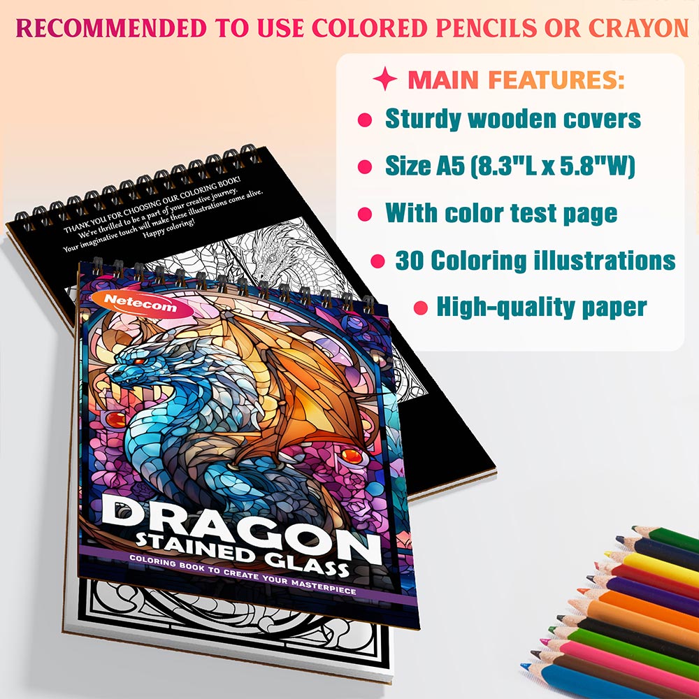 Netecom Dragon Stained Glass Coloring Book Spiral Bound For Adults, A5 Wooden Cover, 30 Enchanting Coloring Pages of Majestic Dragons in Stained Glass Patterns for Stress Relief and Relaxation