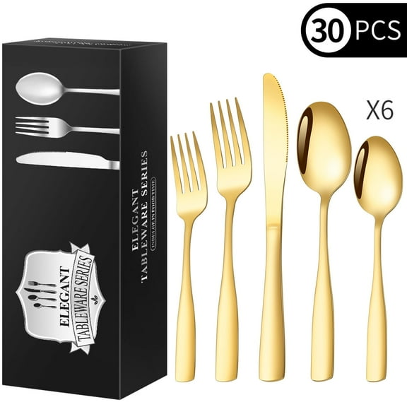 30 Pcs Gold Silverware Set Service for 6, Premium Stainless Steel Flatware Set, Cutlery Utensil Set, Durable Home Kitchen Eating Tableware Set, Include Fork Knife Spoon Set, Dishwasher Safe