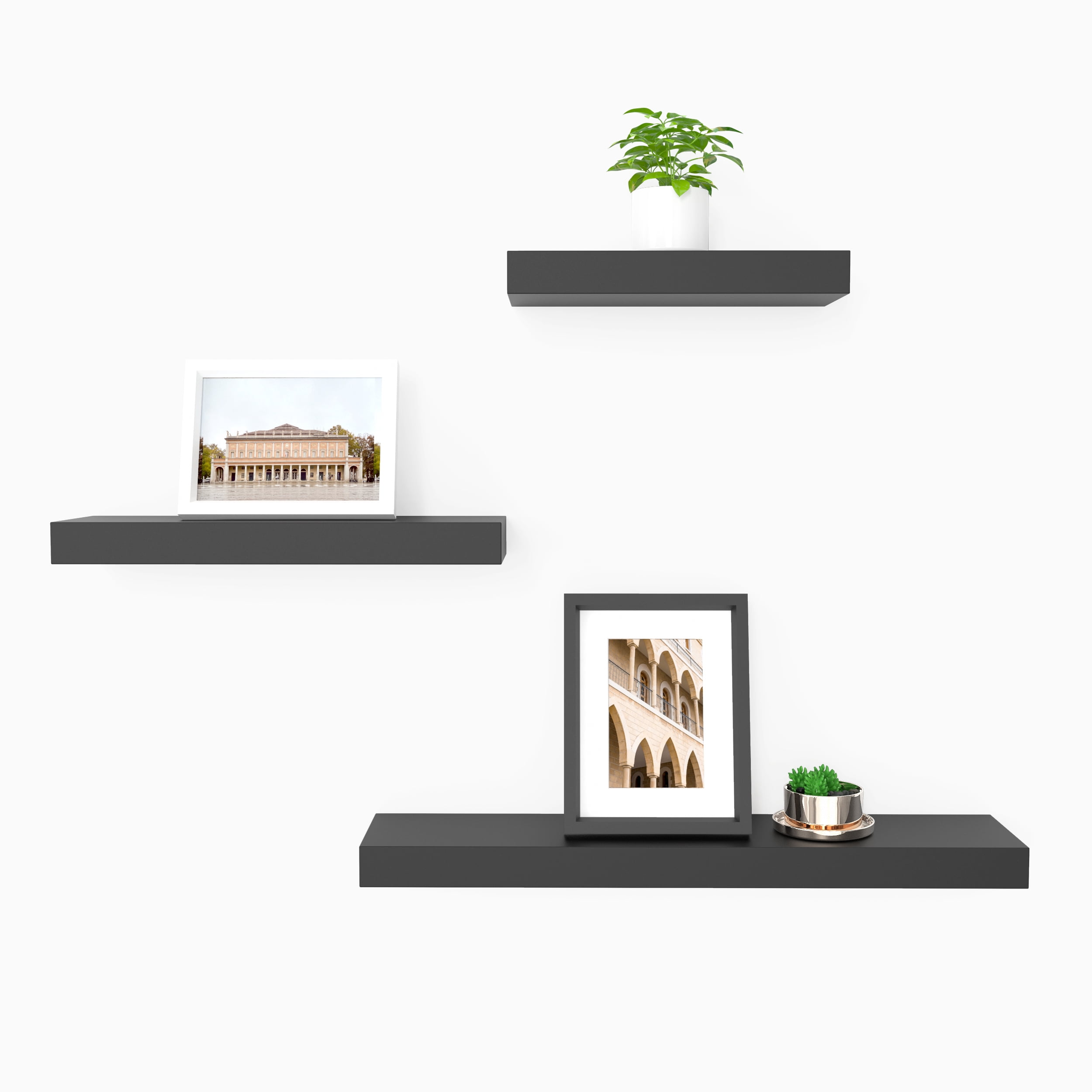 Ballucci Contemporary Floating Wall Shelves, Set of 3 Wood Wall Shelves, 12", 16", 24", Black