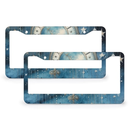 2 Pieces Beautiful Clock Featuring Stars Hanging At The Night Sky License Plate Cover Moon And Stars License Plate Frames Cover Holders Quality Aluminum Metal for Girl Women Men Vehicles