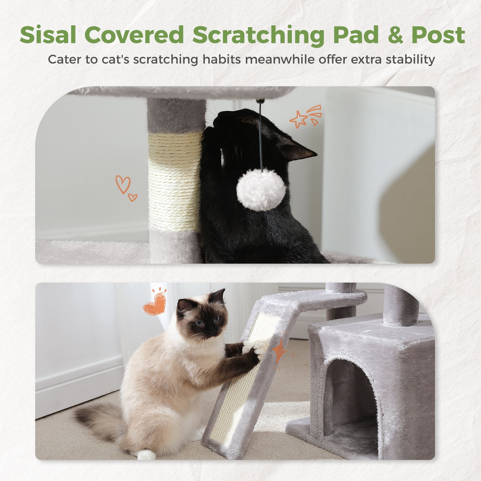 Pefilos 32" Cat Tree Tower, Cute Cat Condo with Sisal Scratching Ramp, Cozy Hammock and Removable Top Bed Perch for Indoor Kittens, Gray