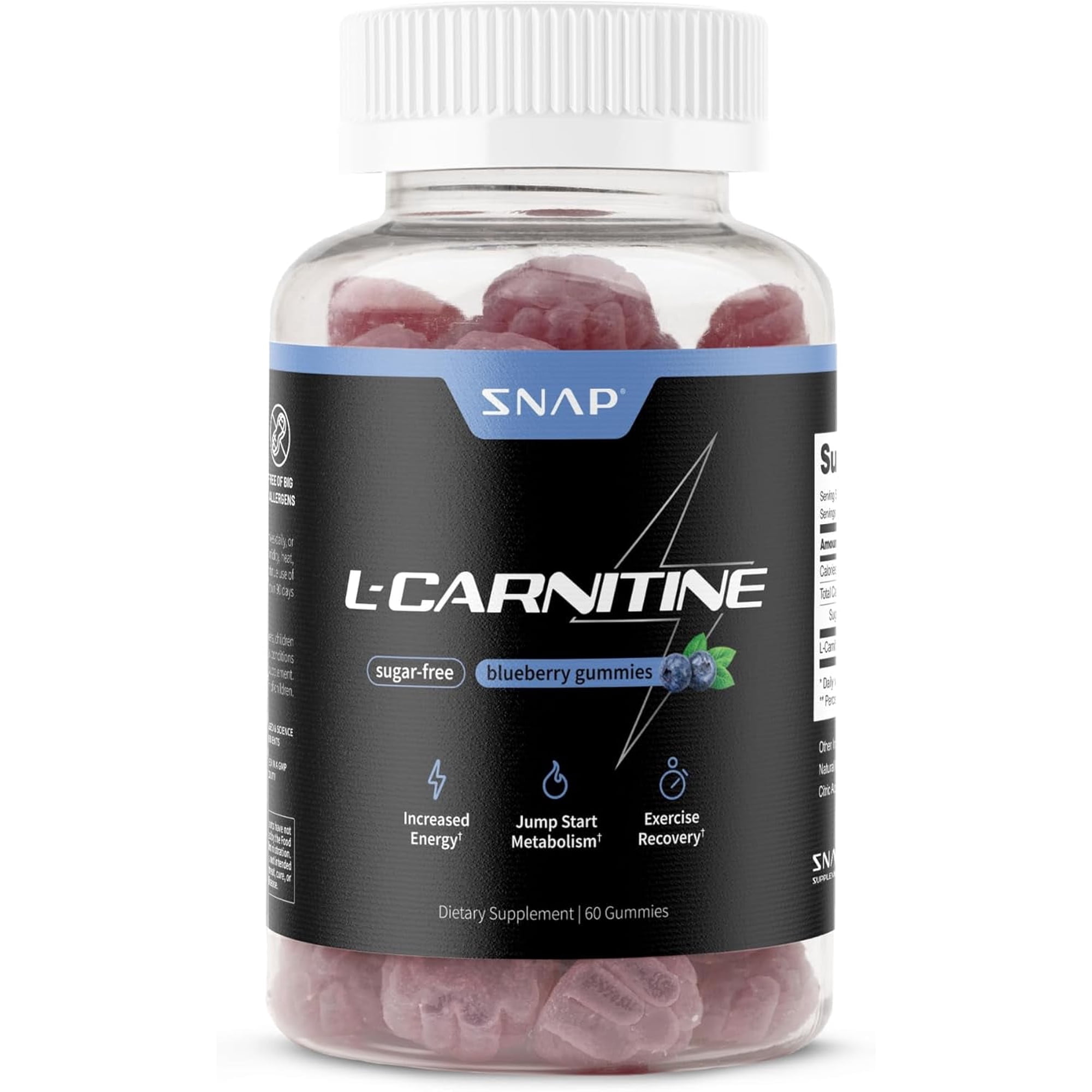 Snap Supplements L-Carnitine Pre-Workout Gummies 500mg Energy & Stamina Support, 60 Gummies