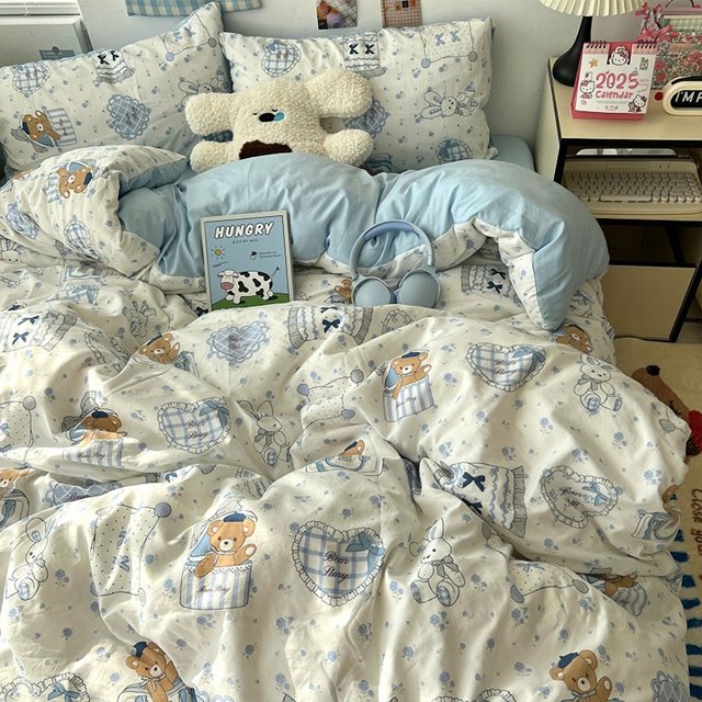 Double Print Waffle Cotton Bedding Set with Duvet Cover Pillowcases for Home