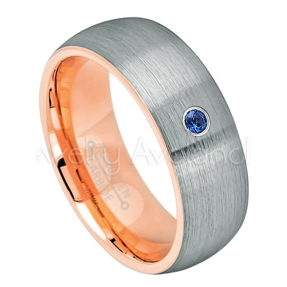2-Tone Dome Rose Gold Inner Tungsten Ring - 0.07ct Solitaire Blue Sapphire Ring - Personalized Tungsten Wedding Ring - Custom Made September Birthstone Ring TN737BS