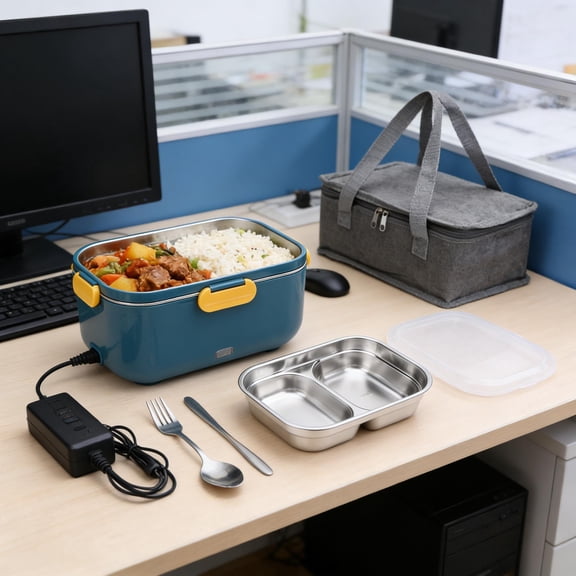 304 Stainless Steel Insulated Electric Lunch Box, 2L, Detachable Stainless Steel Container, Portable Double-Compartment Food Heater, 110V