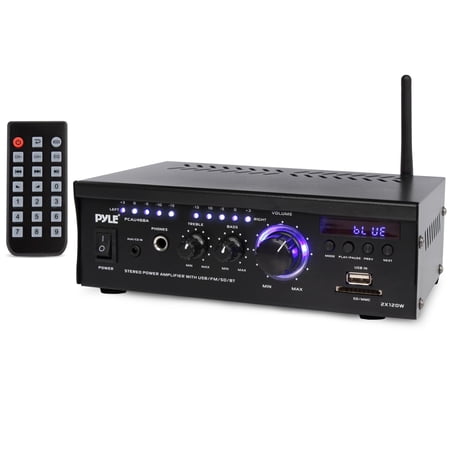 Pyle Bluetooth Stereo Amplifier 2x120W Home Audio Receiver with Blue LED Display, USB/SD, AUX, RCA & Headphone Jack, Wireless Streaming with Remote Control