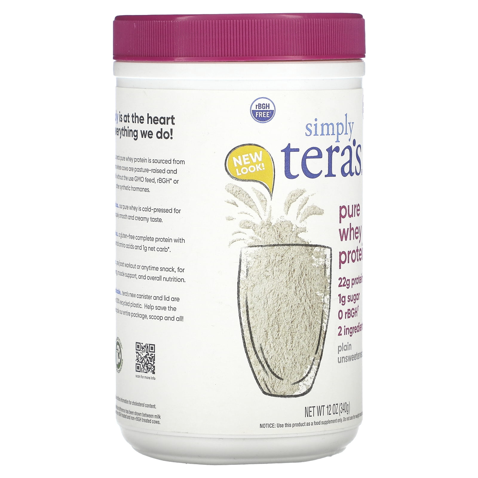 Tera's Whey rBGH Free Whey Protein Powder, Plain, 22g Protein, 0.75 Lb