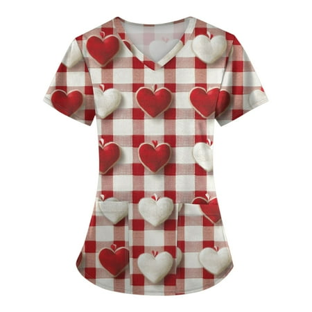 UoCefik Valentines Day Jogger Scrubs for Women Plus Size Heart Print Medical Nursing Uniforms Working Plus Size V-Neck Short Sleeve T-Shirts Holiday Scrub Shirt Tops with Pockets Watermelon Red M