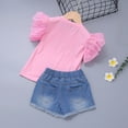 thumbnail image 4 of Baby Beach Outfit Toddler Kids Girls Solid Short Sleeve Letters Prints Tops Jeans Skirt 2pcs Set Clothes, 4 of 7