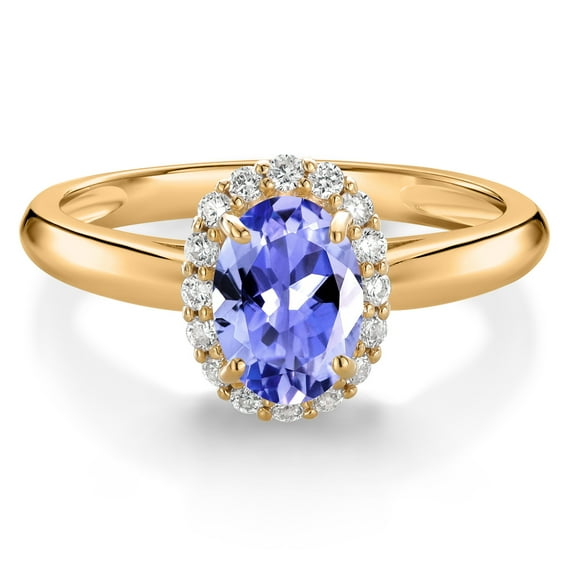 Gem Stone King 10K Yellow Gold Blue Tanzanite and White Lab Grown Diamond Halo Engagement Ring for Women (0.88 Cttw, Gemstone December Birthstone, Oval 7X5MM, Size 7)