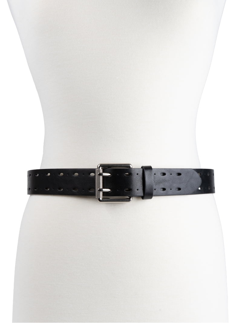 Black Genuine Leather Perforated Wide Belt Made in Italy Double Prong Size M Time and Tru Women main image 2